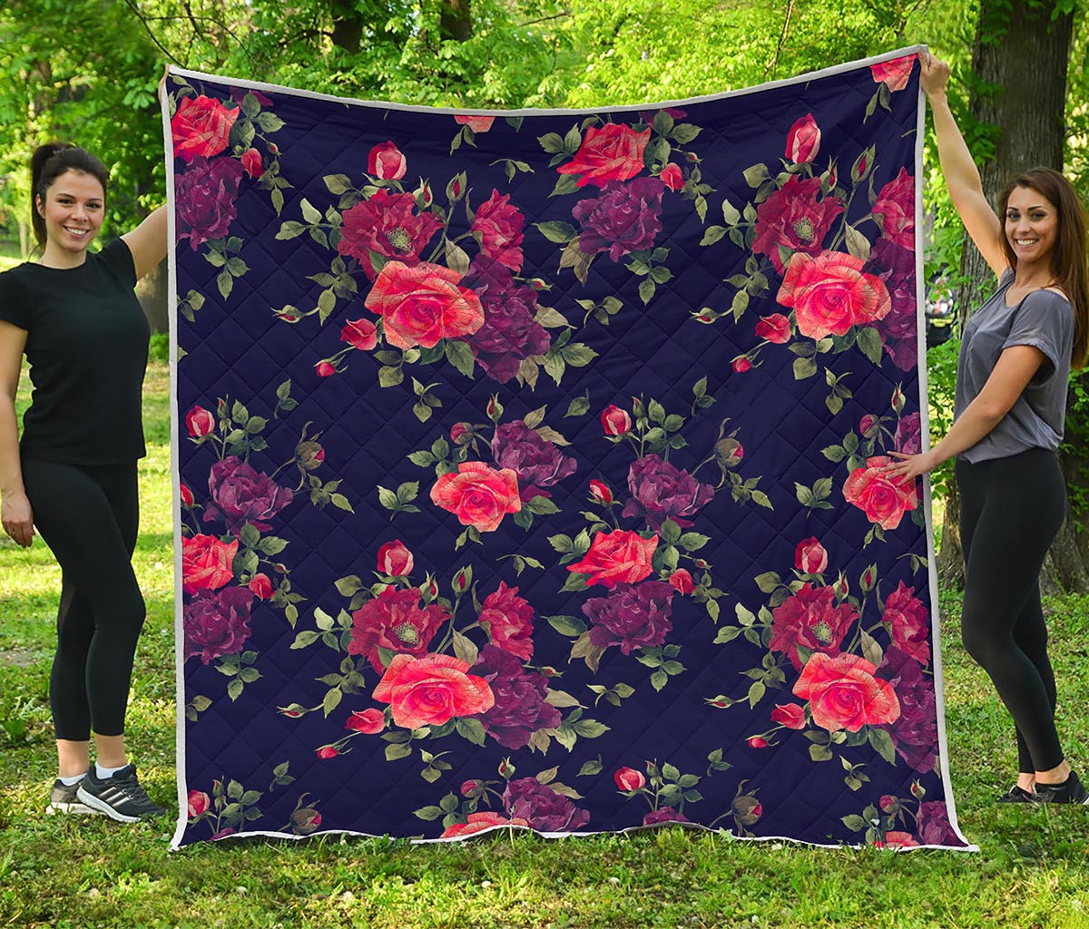 Red Violet Roses Floral Pattern Print Quilt