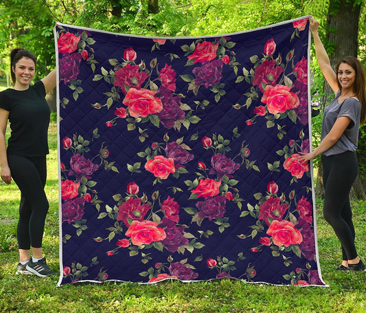 Red Violet Roses Floral Pattern Print Quilt