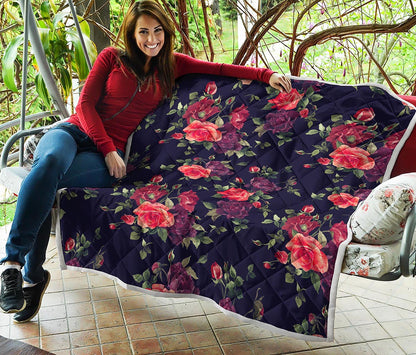 Red Violet Roses Floral Pattern Print Quilt
