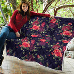 Red Violet Roses Floral Pattern Print Quilt