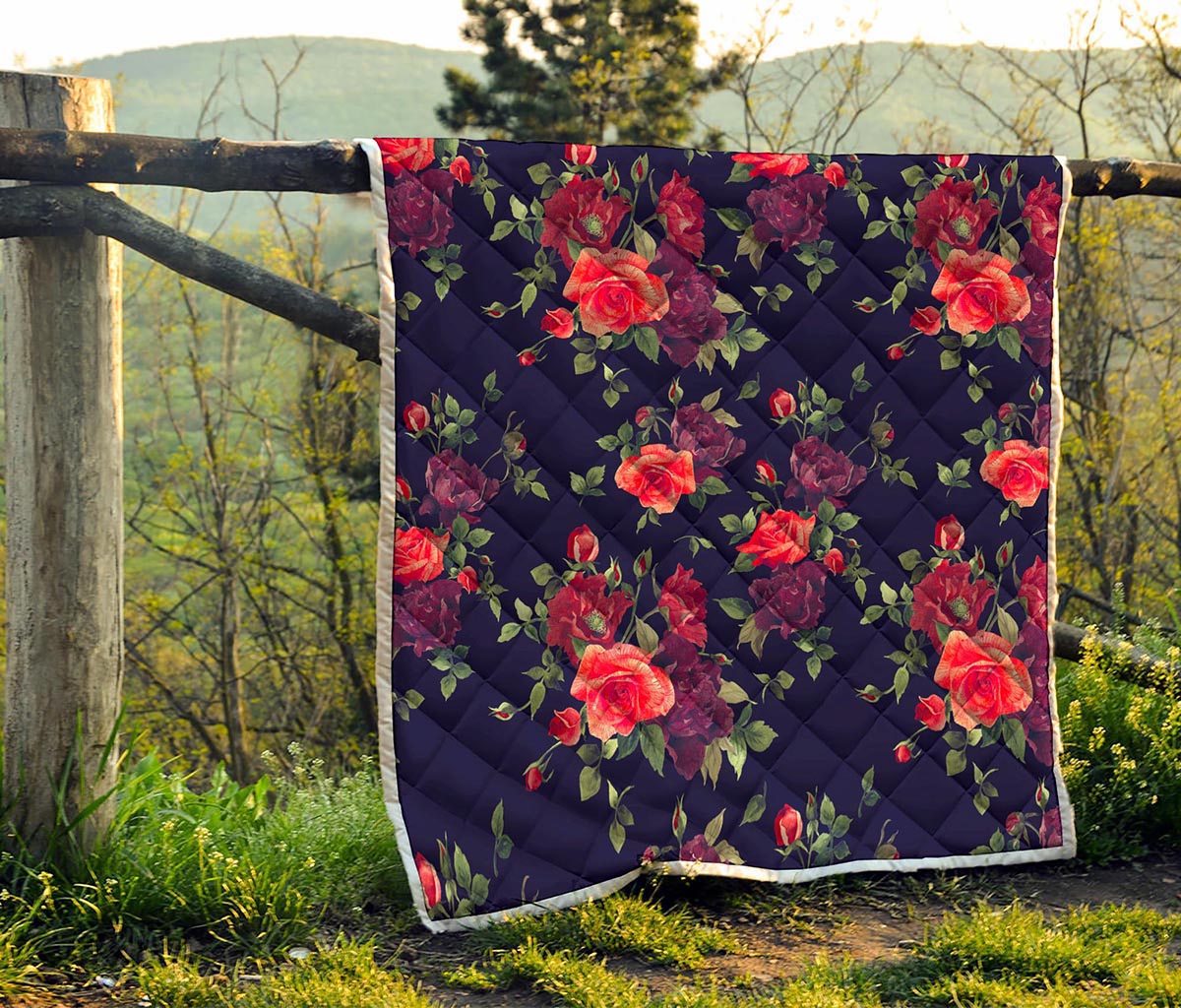 Red Violet Roses Floral Pattern Print Quilt