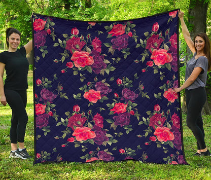 Red Violet Roses Floral Pattern Print Quilt