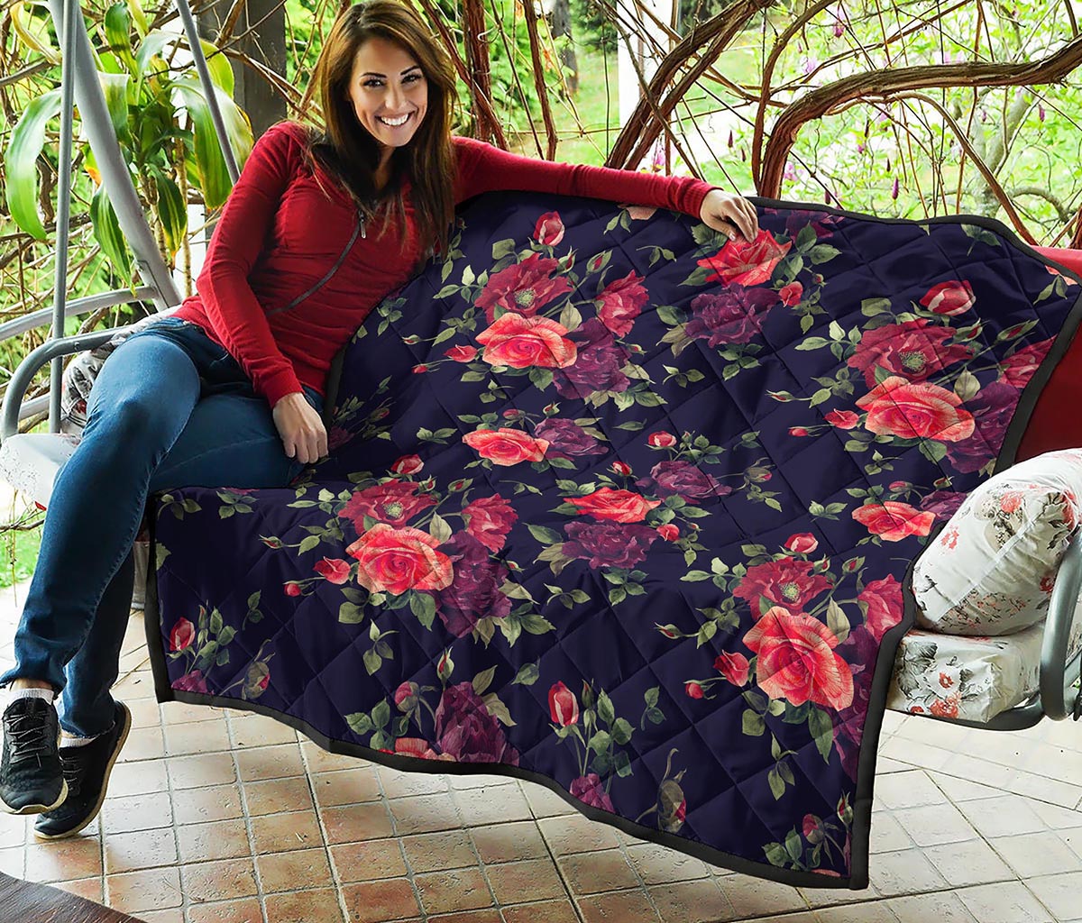 Red Violet Roses Floral Pattern Print Quilt