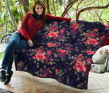 Red Violet Roses Floral Pattern Print Quilt