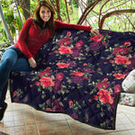 Red Violet Roses Floral Pattern Print Quilt