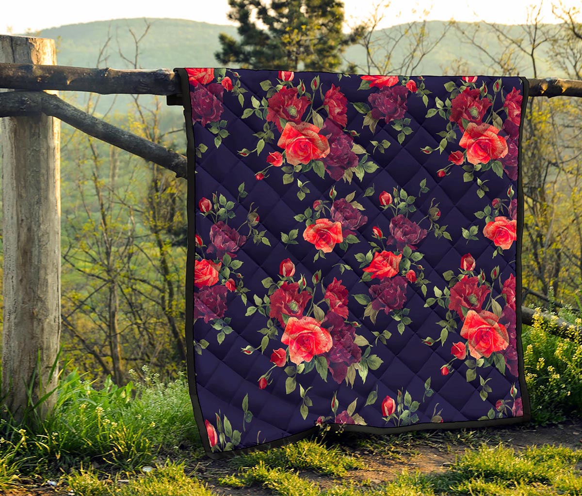 Red Violet Roses Floral Pattern Print Quilt