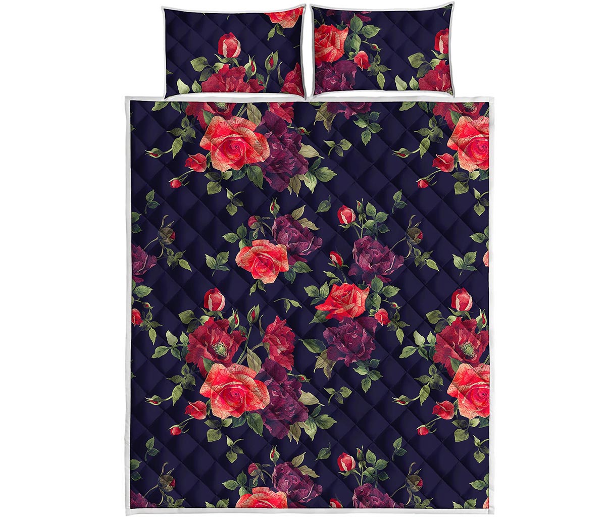 Red Violet Roses Floral Pattern Print Quilt Bed Set