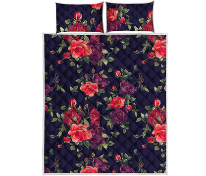 Red Violet Roses Floral Pattern Print Quilt Bed Set