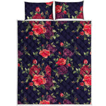 Red Violet Roses Floral Pattern Print Quilt Bed Set
