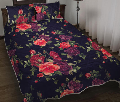 Red Violet Roses Floral Pattern Print Quilt Bed Set
