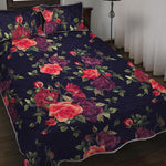 Red Violet Roses Floral Pattern Print Quilt Bed Set