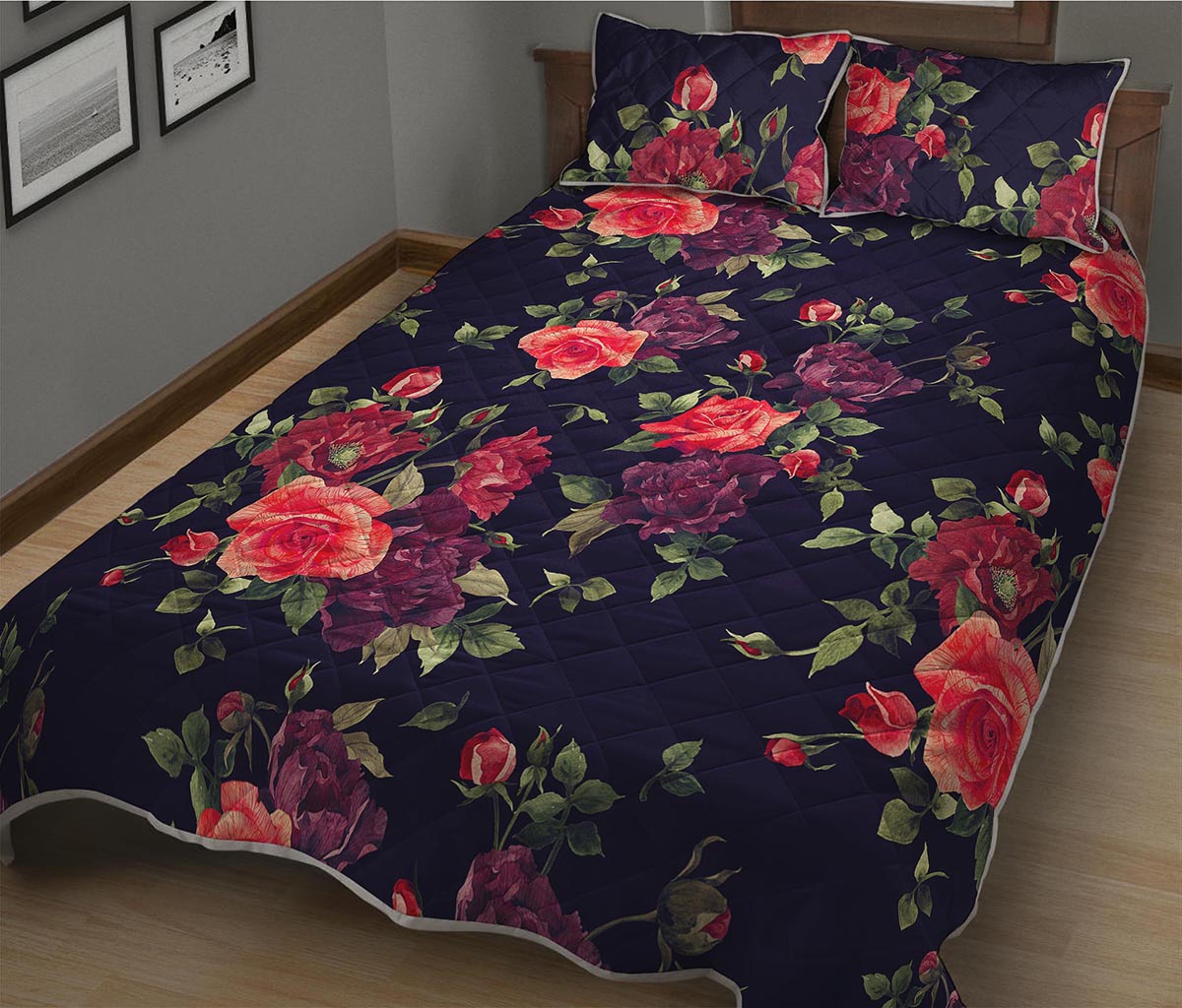Red Violet Roses Floral Pattern Print Quilt Bed Set