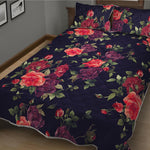 Red Violet Roses Floral Pattern Print Quilt Bed Set