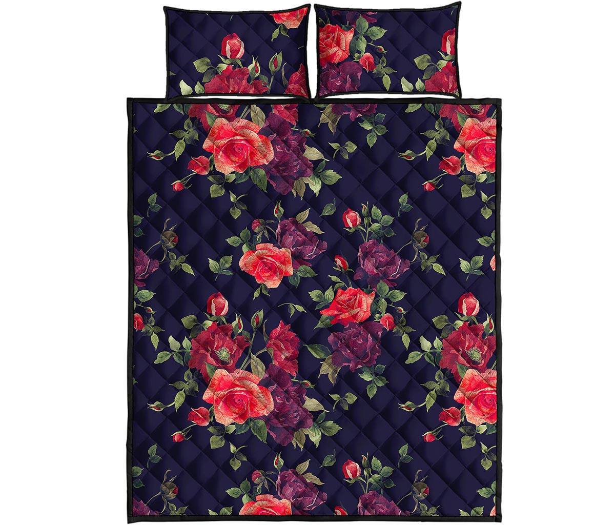 Red Violet Roses Floral Pattern Print Quilt Bed Set