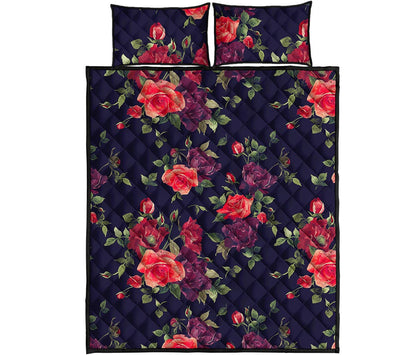Red Violet Roses Floral Pattern Print Quilt Bed Set