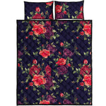 Red Violet Roses Floral Pattern Print Quilt Bed Set