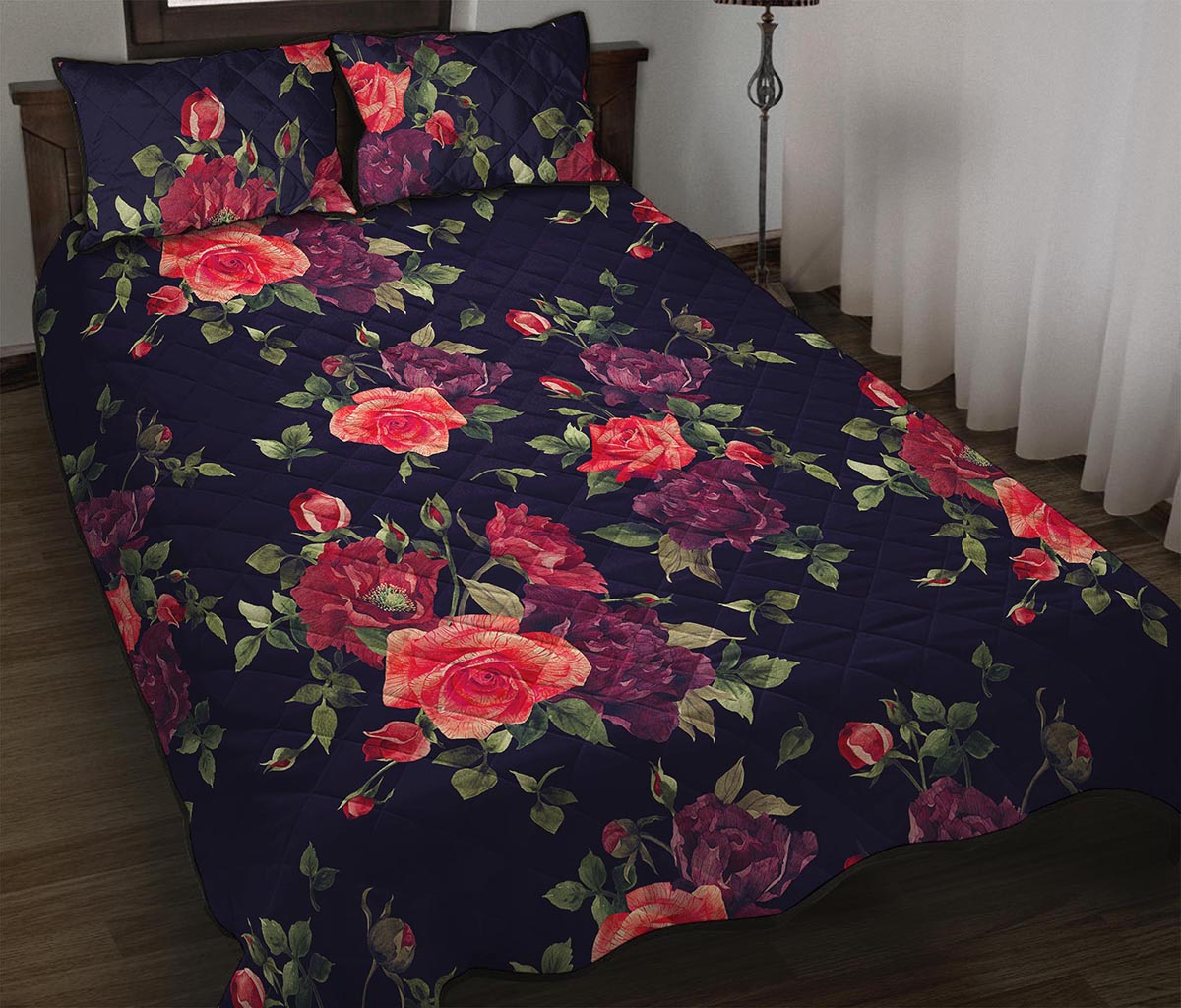 Red Violet Roses Floral Pattern Print Quilt Bed Set