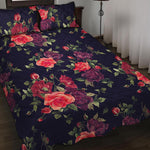 Red Violet Roses Floral Pattern Print Quilt Bed Set