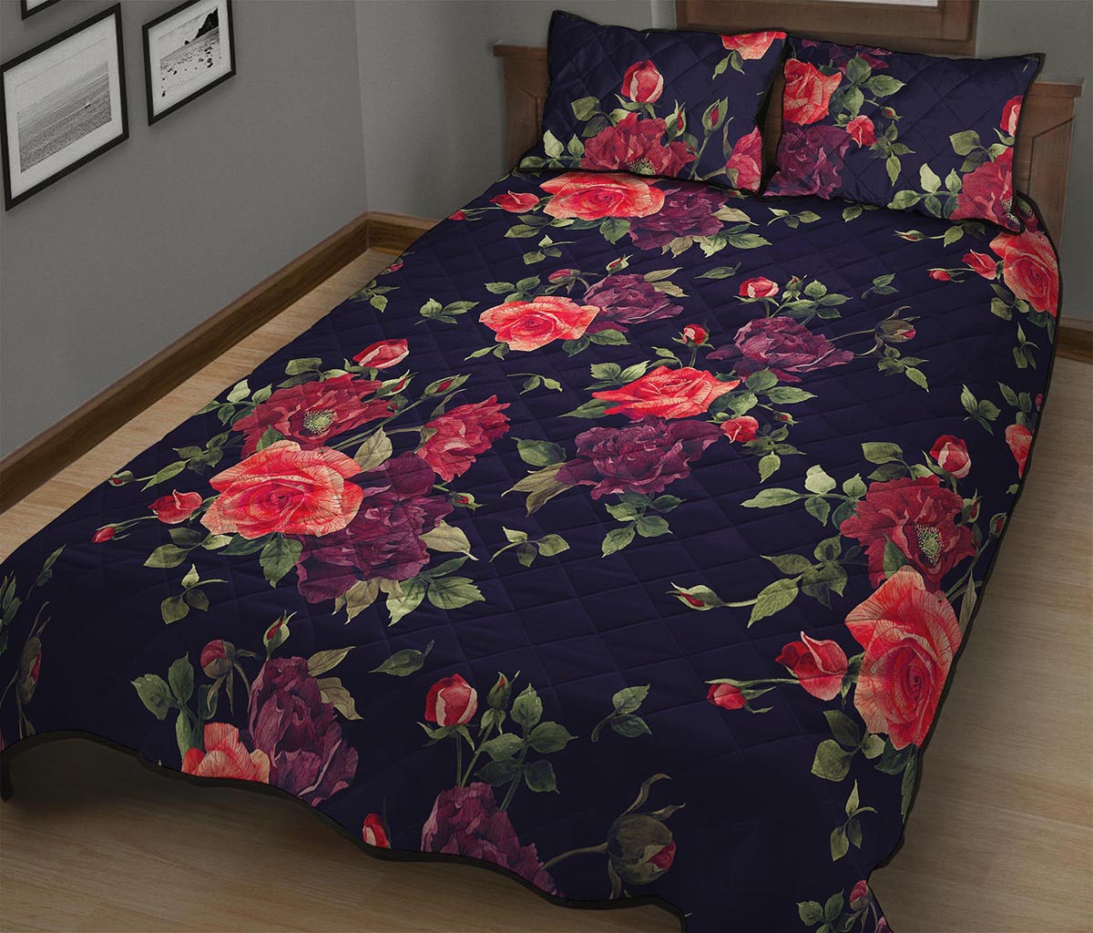 Red Violet Roses Floral Pattern Print Quilt Bed Set