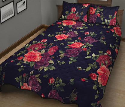 Red Violet Roses Floral Pattern Print Quilt Bed Set