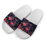 Red Violet Roses Floral Pattern Print White Slide Sandals