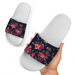 Red Violet Roses Floral Pattern Print White Slide Sandals