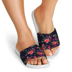Red Violet Roses Floral Pattern Print White Slide Sandals