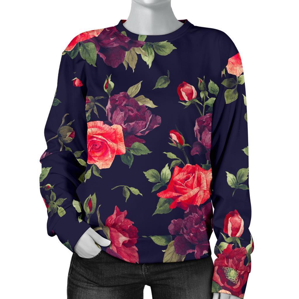 Red Violet Roses Floral Pattern Print Women's Crewneck Sweatshirt GearFrost