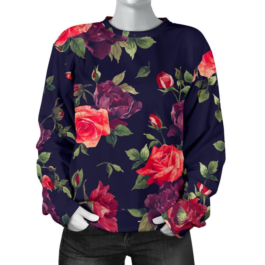 Red Violet Roses Floral Pattern Print Women's Crewneck Sweatshirt GearFrost