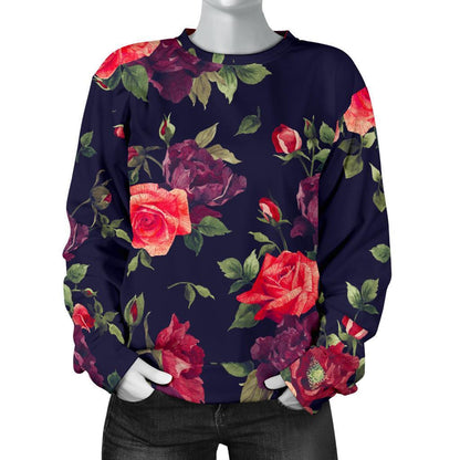Red Violet Roses Floral Pattern Print Women's Crewneck Sweatshirt GearFrost