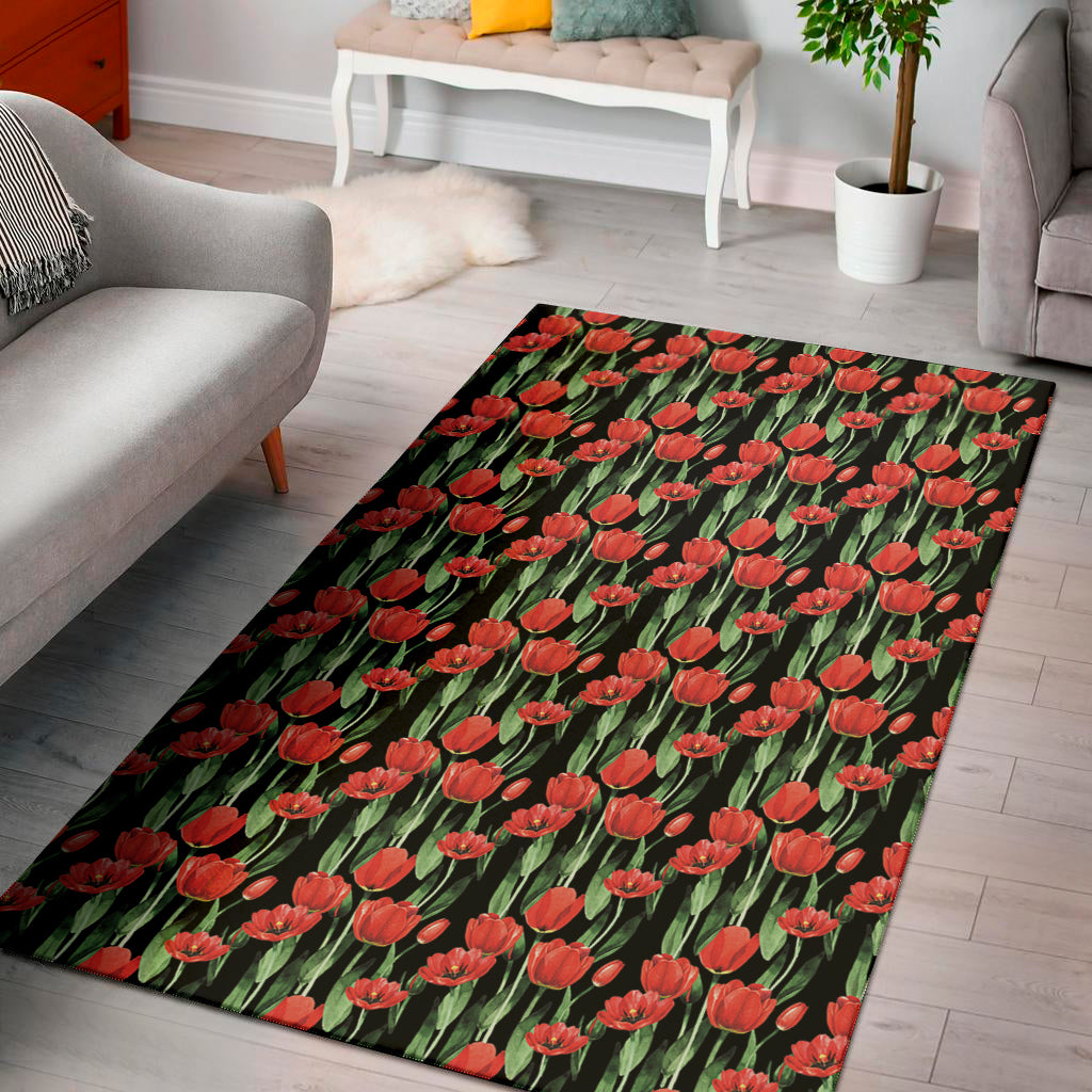 Red Watercolor Tulip Pattern Print Area Rug