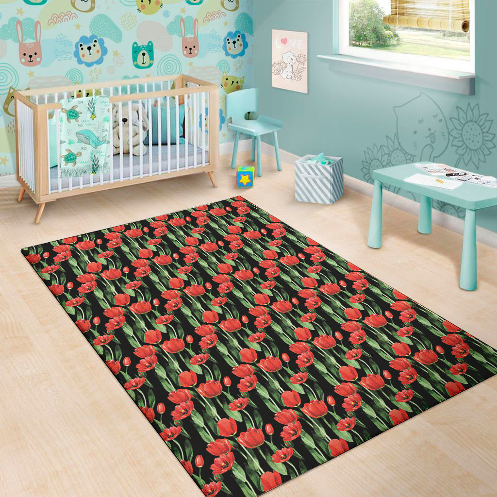 Red Watercolor Tulip Pattern Print Area Rug