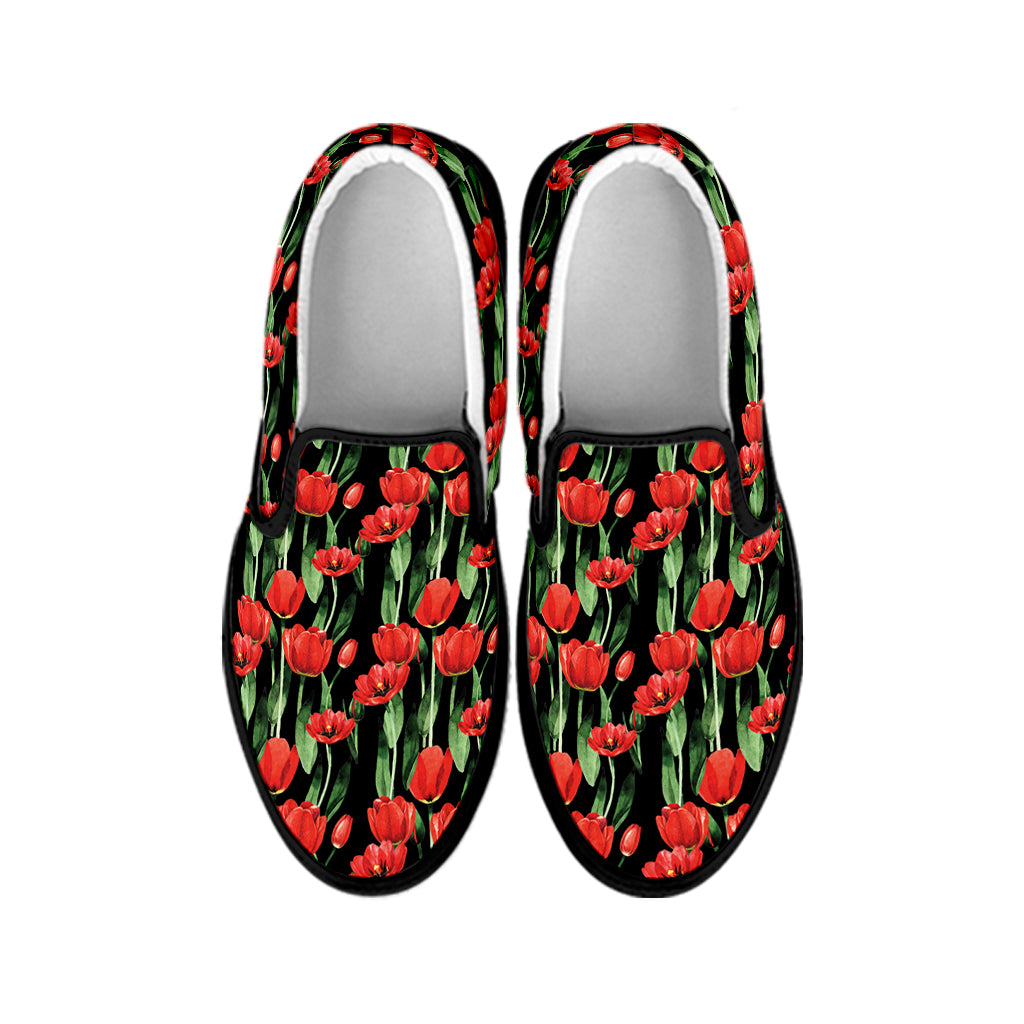 Red Watercolor Tulip Pattern Print Black Slip On Shoes