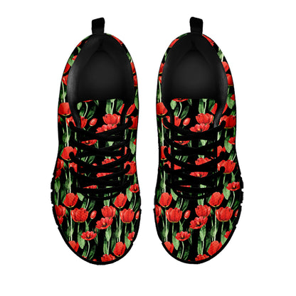 Red Watercolor Tulip Pattern Print Black Sneakers