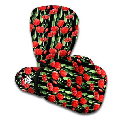 Red Watercolor Tulip Pattern Print Boxing Gloves