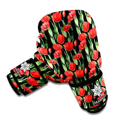 Red Watercolor Tulip Pattern Print Boxing Gloves