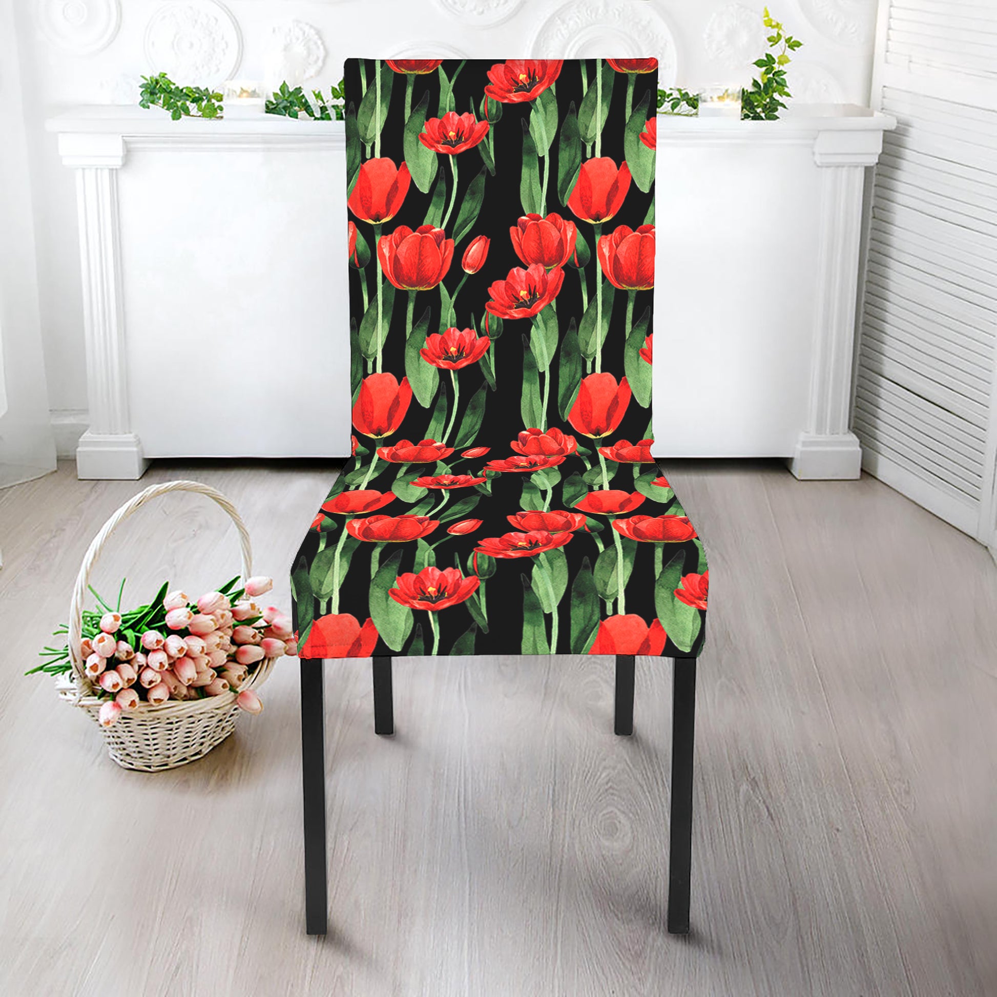 Red Watercolor Tulip Pattern Print Dining Chair Slipcover