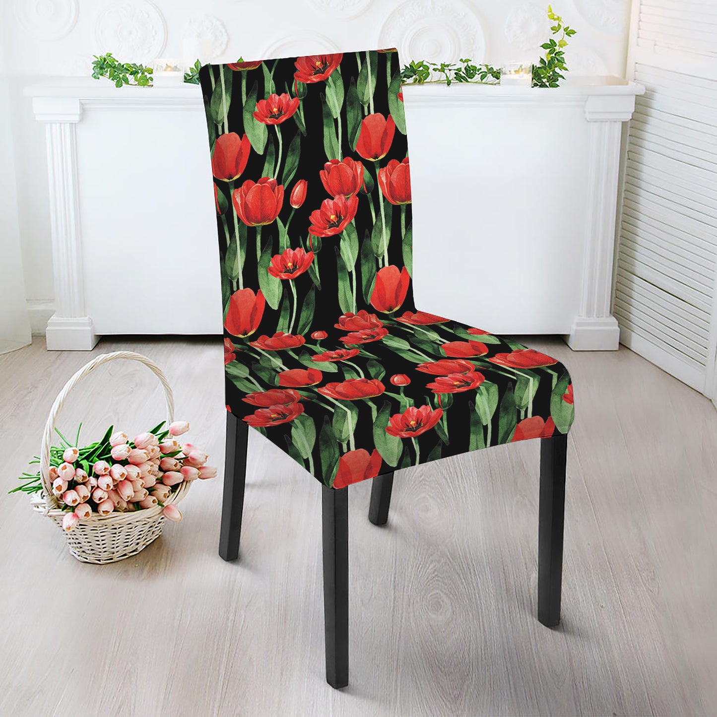 Red Watercolor Tulip Pattern Print Dining Chair Slipcover