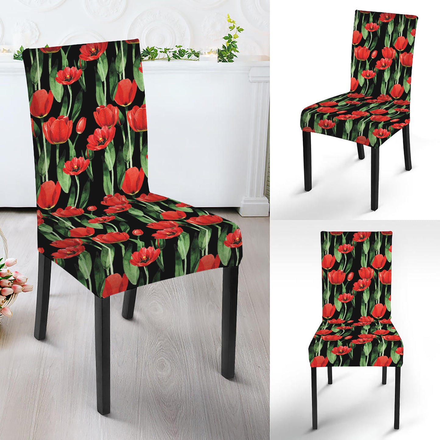 Red Watercolor Tulip Pattern Print Dining Chair Slipcover