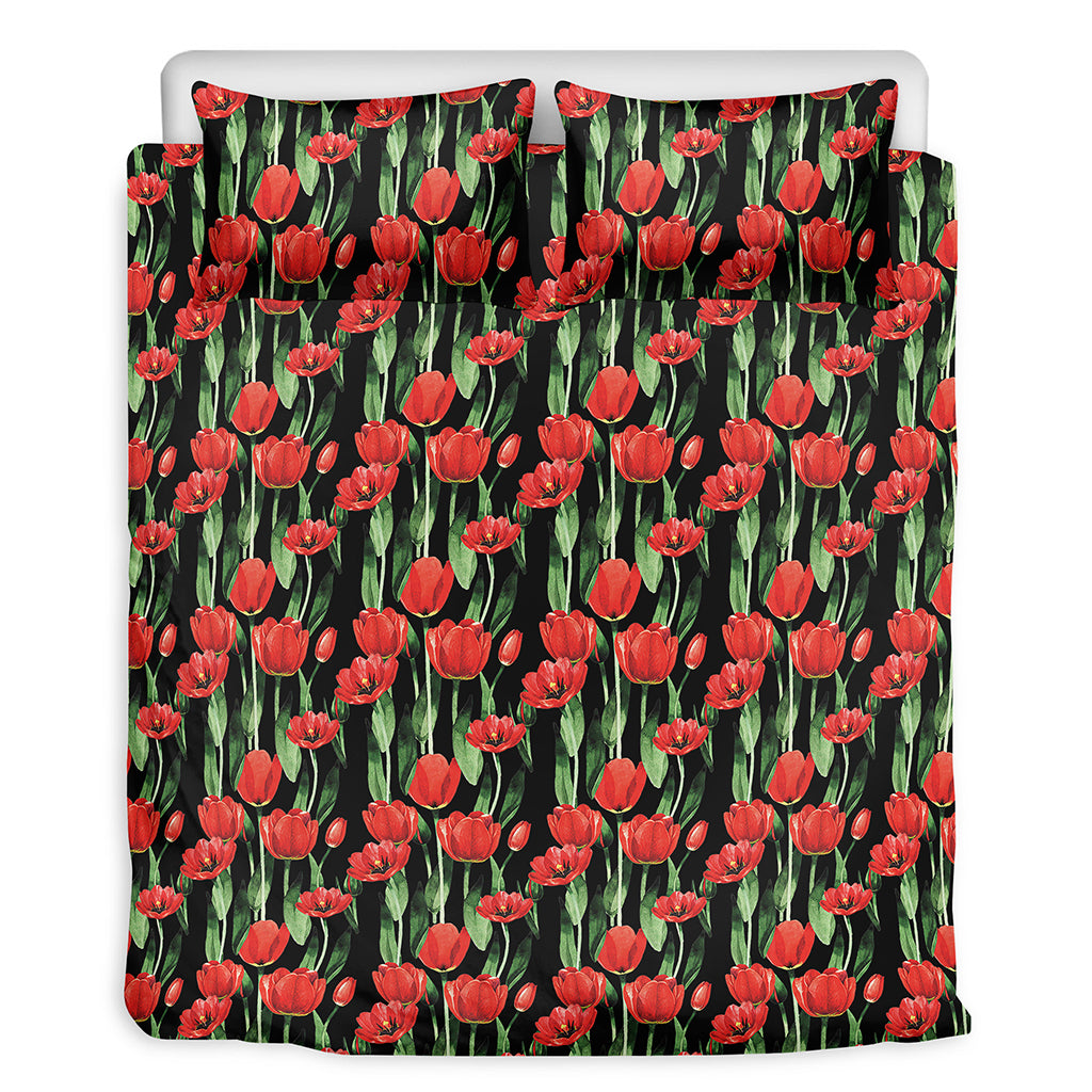 Red Watercolor Tulip Pattern Print Duvet Cover Bedding Set