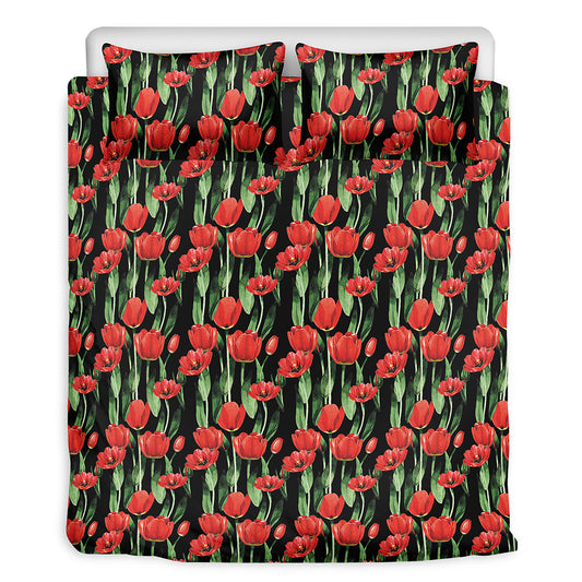 Red Watercolor Tulip Pattern Print Duvet Cover Bedding Set