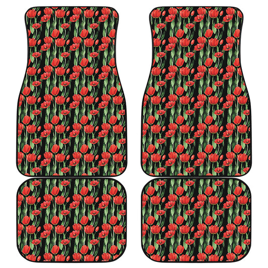 Red Watercolor Tulip Pattern Print Front and Back Car Floor Mats