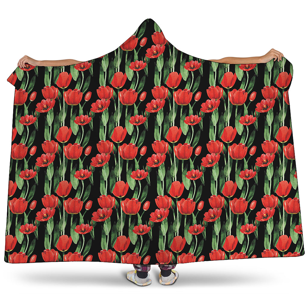 Red Watercolor Tulip Pattern Print Hooded Blanket