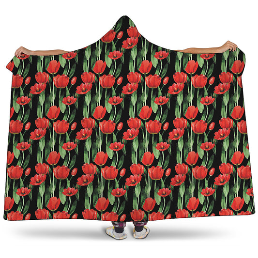 Red Watercolor Tulip Pattern Print Hooded Blanket