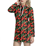 Red Watercolor Tulip Pattern Print Hoodie Dress