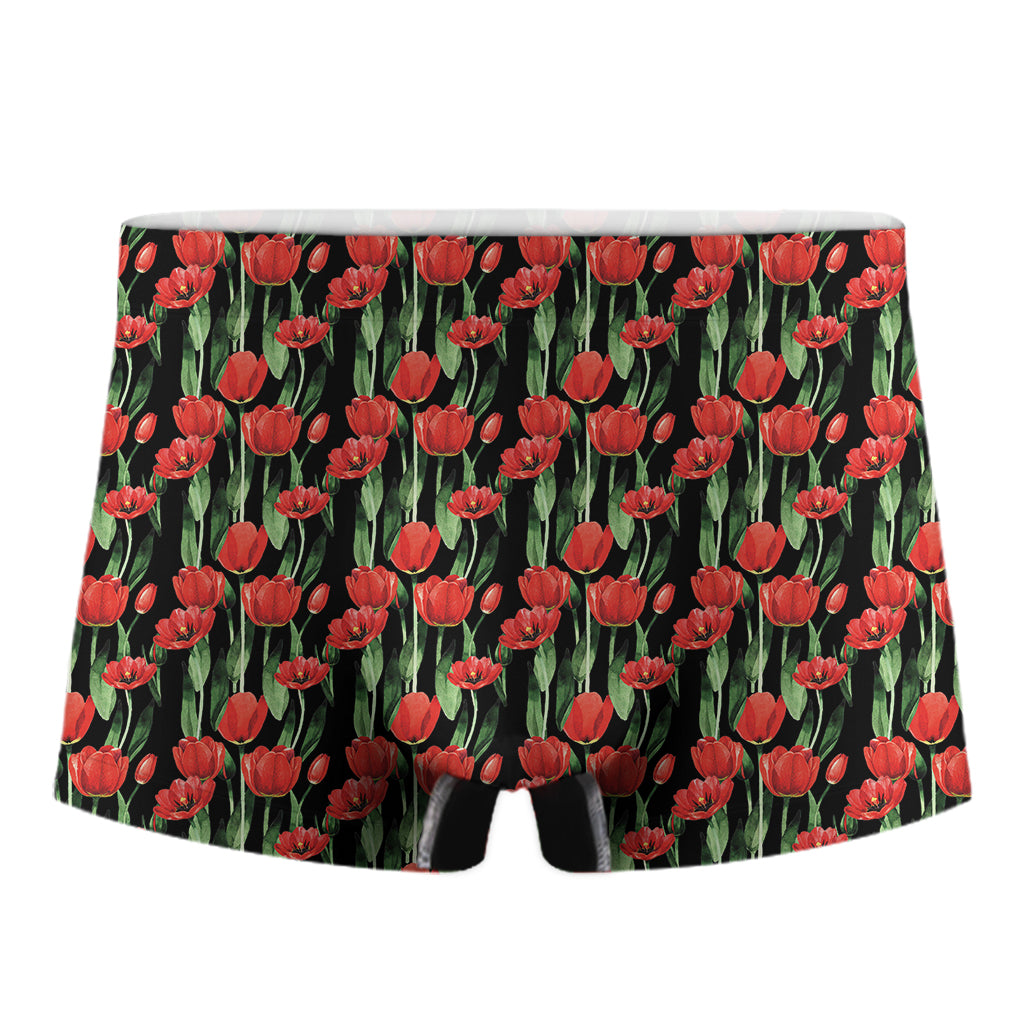 Red Watercolor Tulip Pattern Print Men's Boxer Briefs