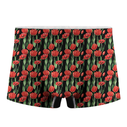Red Watercolor Tulip Pattern Print Men's Boxer Briefs