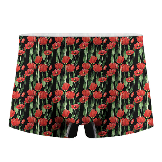 Red Watercolor Tulip Pattern Print Men's Boxer Briefs