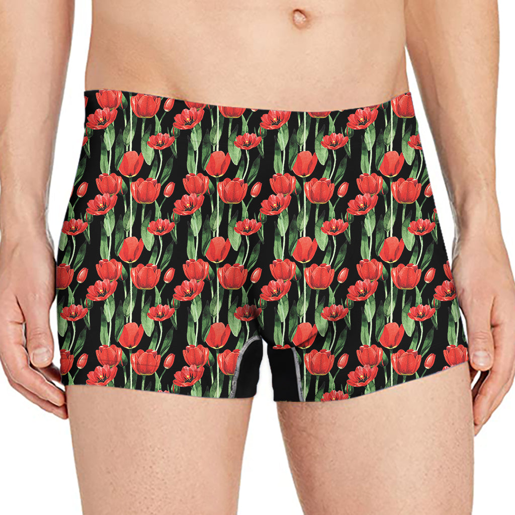 Red Watercolor Tulip Pattern Print Men's Boxer Briefs