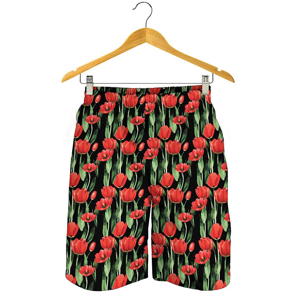 Red Watercolor Tulip Pattern Print Men's Shorts